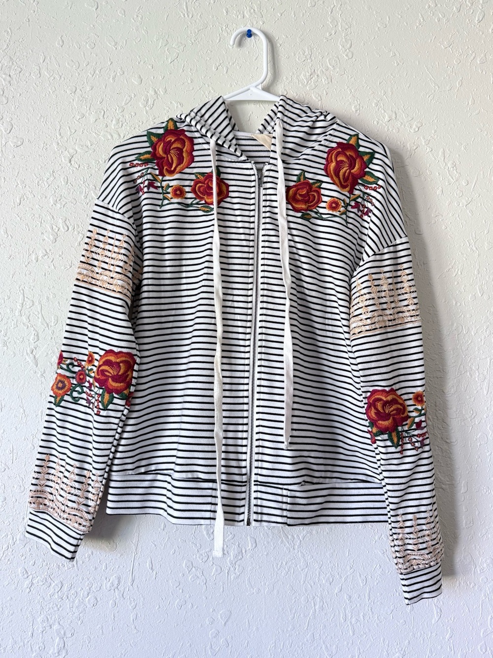 Savanna Jane Striped Embroidery Floral Hooded Zip Up Jacket Small